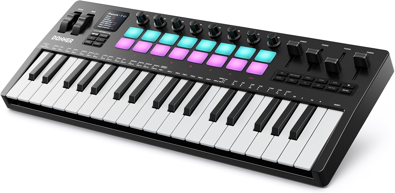 Controlador MIDI 37 Teclas con 16 Pads RGB, Bluetooth y 128 Voces